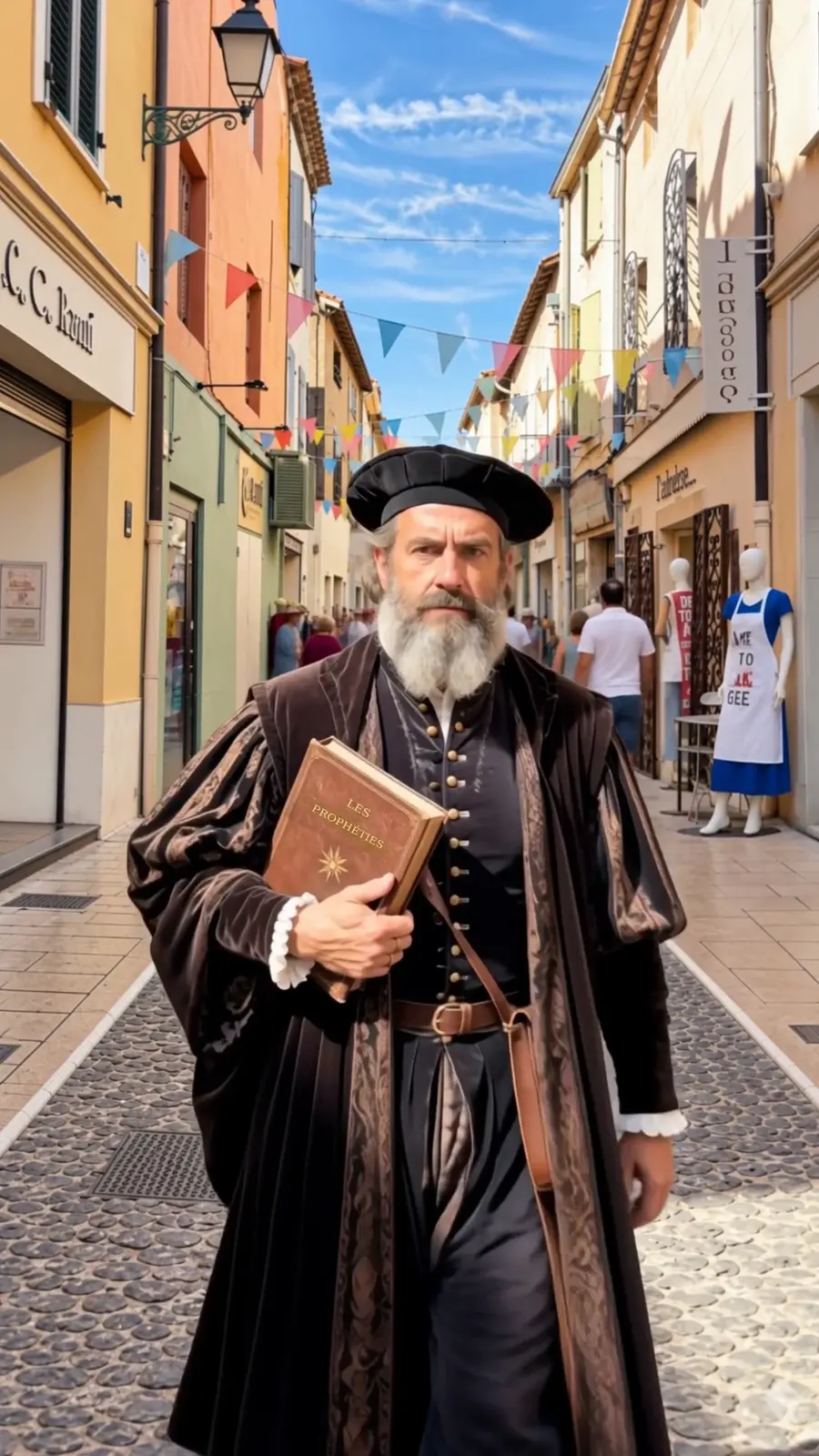 Nostradamus, son livre Les Prophéties sous le bras, dans une rue de Saint-Rémy